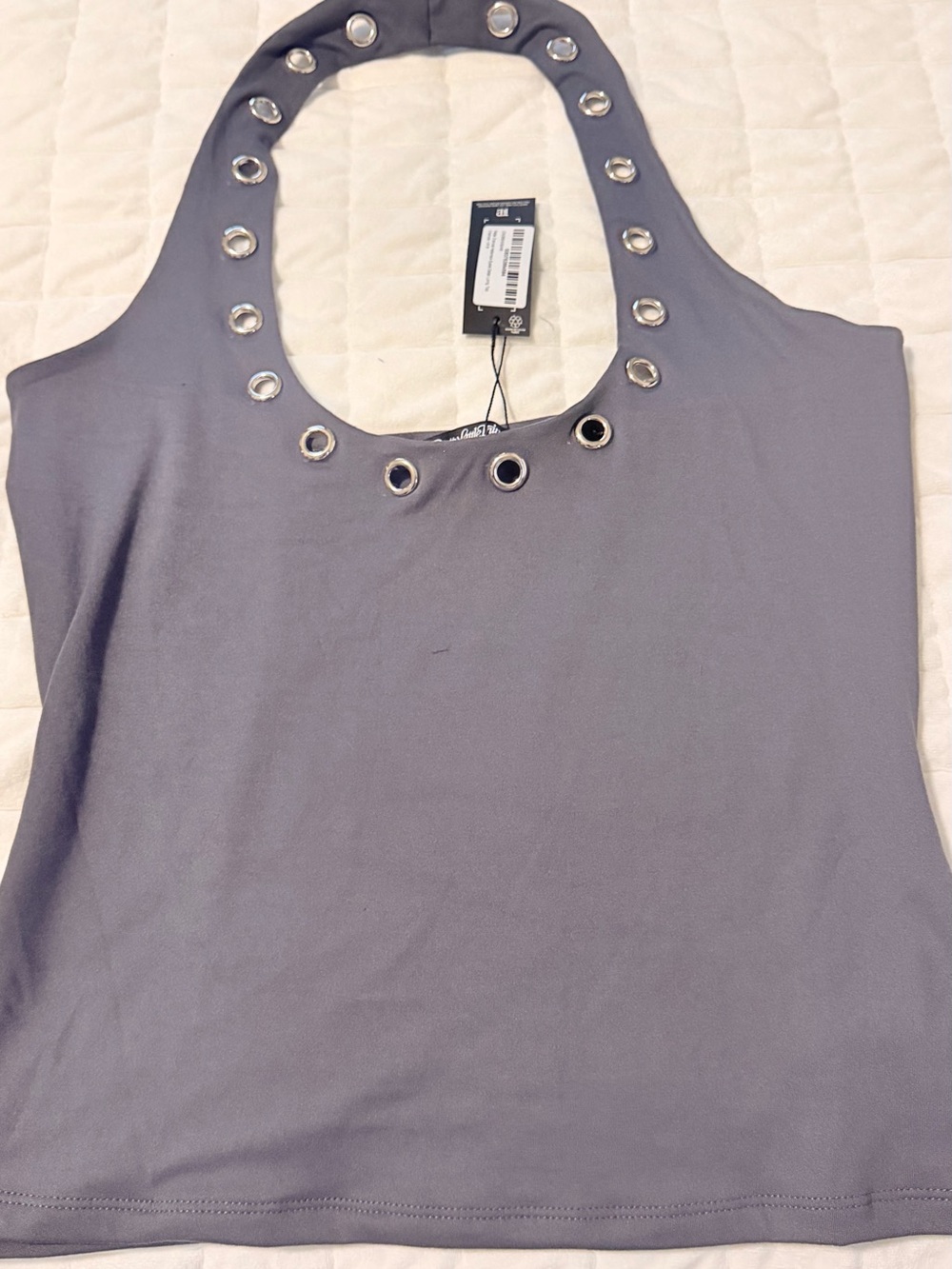 PrettyLittleThing Gray Halter Tank with Silver Grommets